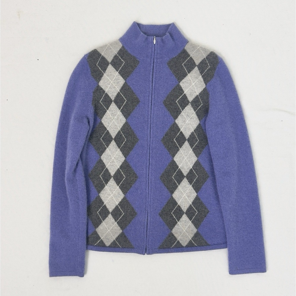 VTG Charter Club 100 Cashmere Blue Periwinkle Argyle Full Zip Sweater Cardigan M